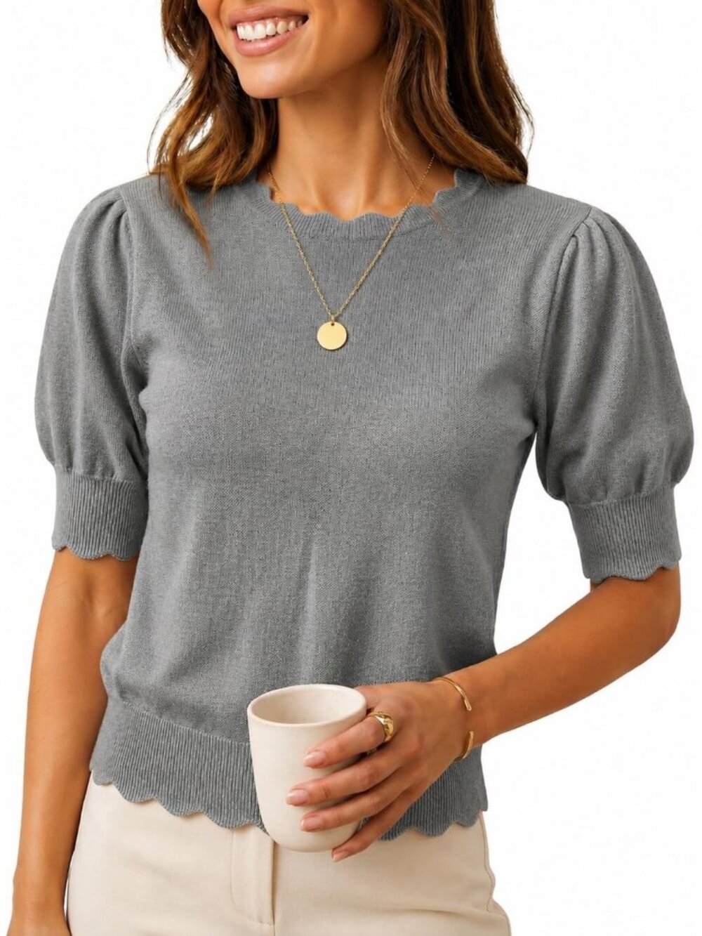 Women's Grey Short Sleeve Crew Neck Pull On Imported Casual Sweater